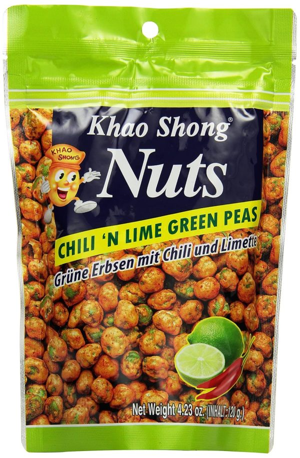 Khao Shong Chili 'n Lime Green Peas, grüne Erbsen mit Chili & Limette überzogen, knackiger Snack im fruchtig-scharfen Teigmantel, fettärmere Alternative zu Nüssen, 1 x 120 g Standbeutel 1