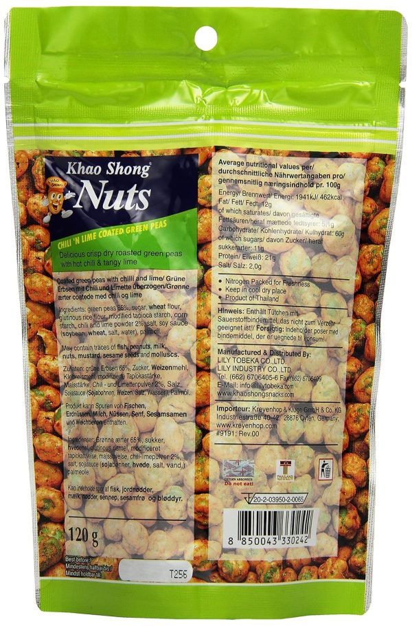 Khao Shong Chili 'n Lime Green Peas, grüne Erbsen mit Chili & Limette überzogen, knackiger Snack im fruchtig-scharfen Teigmantel, fettärmere Alternative zu Nüssen, 1 x 120 g Standbeutel 2