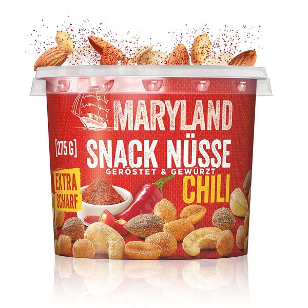 Maryland Snack Nüsse Chili 275g Becher – Knackig-scharf gewürzte Nussmischung mit gerösteten Erdnüssen, Cashewkernen und Mandeln – Chili-scharfer Mix in wiederverschließbarem Becher (1 x 275g) 1