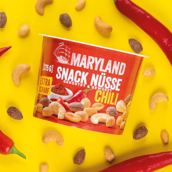 Maryland Snack Nüsse Chili 275g Becher – Knackig-scharf gewürzte Nussmischung mit gerösteten Erdnüssen, Cashewkernen und Mandeln – Chili-scharfer Mix in wiederverschließbarem Becher (1 x 275g) 2