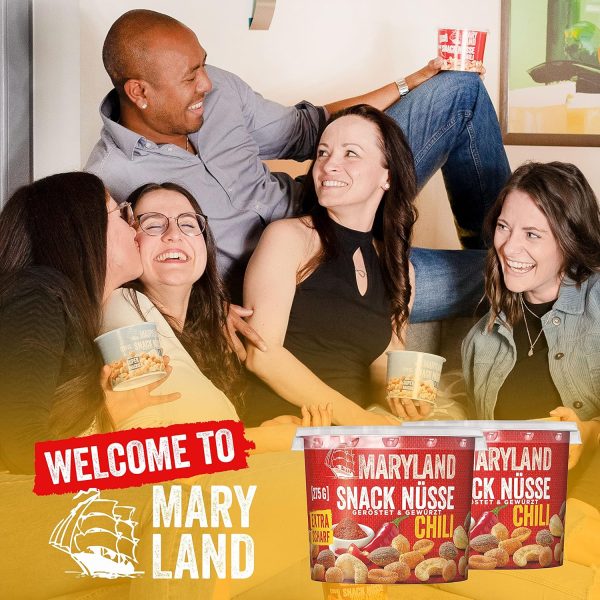 Maryland Snack Nüsse Chili 275g Becher – Knackig-scharf gewürzte Nussmischung mit gerösteten Erdnüssen, Cashewkernen und Mandeln – Chili-scharfer Mix in wiederverschließbarem Becher (1 x 275g) 3