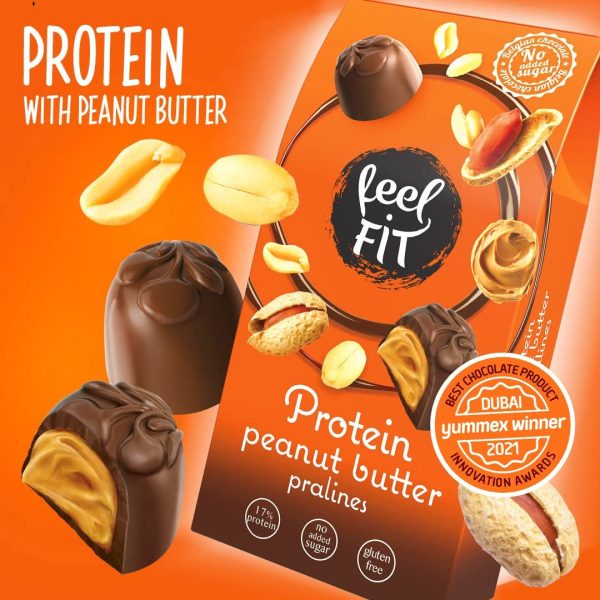 Feel FIT Protein Erdnussbutter-Pralinen in hochwertiger Milchschokolade, ohne Zuckerzusatz, 17% Eiweiß, glutenfrei 33 g (1 Packung) 4