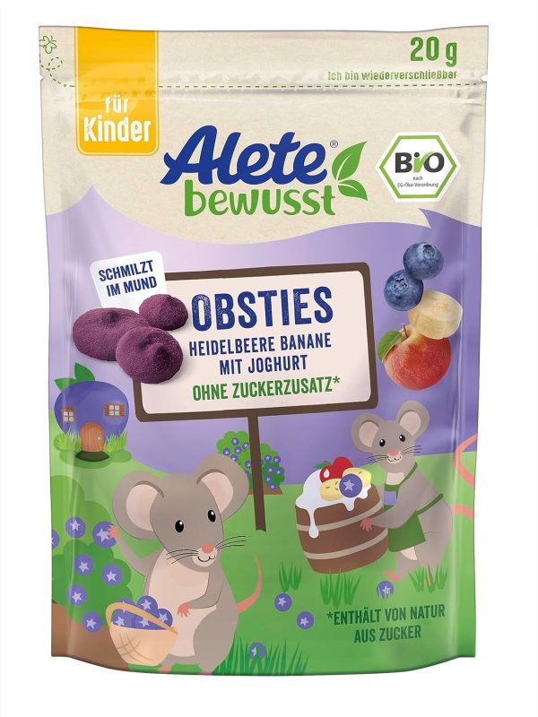 Alete bewusst Obsties Heidelbeere Banane mit Joghurt, ab 3 Jahren, gefriergetrocknete Bio-Fruchtchips, Früchte-Snack für Kinder, verzehrfertig im verschließbaren Beutel, 20 g 1