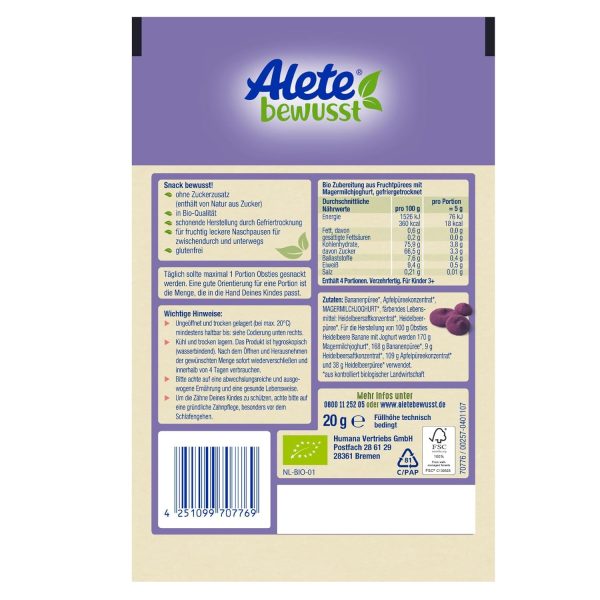 Alete bewusst Obsties Heidelbeere Banane mit Joghurt, ab 3 Jahren, gefriergetrocknete Bio-Fruchtchips, Früchte-Snack für Kinder, verzehrfertig im verschließbaren Beutel, 20 g 2
