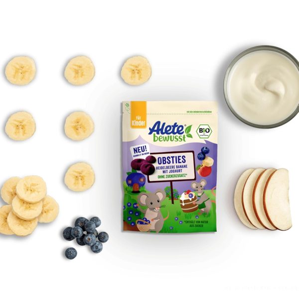 Alete bewusst Obsties Heidelbeere Banane mit Joghurt, ab 3 Jahren, gefriergetrocknete Bio-Fruchtchips, Früchte-Snack für Kinder, verzehrfertig im verschließbaren Beutel, 20 g 3