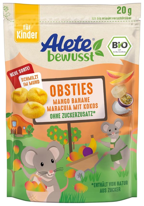 Alete bewusst Obsties Mango Banane Maracuja mit Kokos, ab 3 Jahren, gefriergetrocknete Bio-Fruchtchips, Früchte-Snack für Kinder, verzehrfertig im verschließbaren Beutel, 1 x 20 g 1