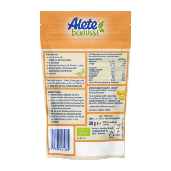 Alete bewusst Obsties Mango Banane Maracuja mit Kokos, ab 3 Jahren, gefriergetrocknete Bio-Fruchtchips, Früchte-Snack für Kinder, verzehrfertig im verschließbaren Beutel, 1 x 20 g 2