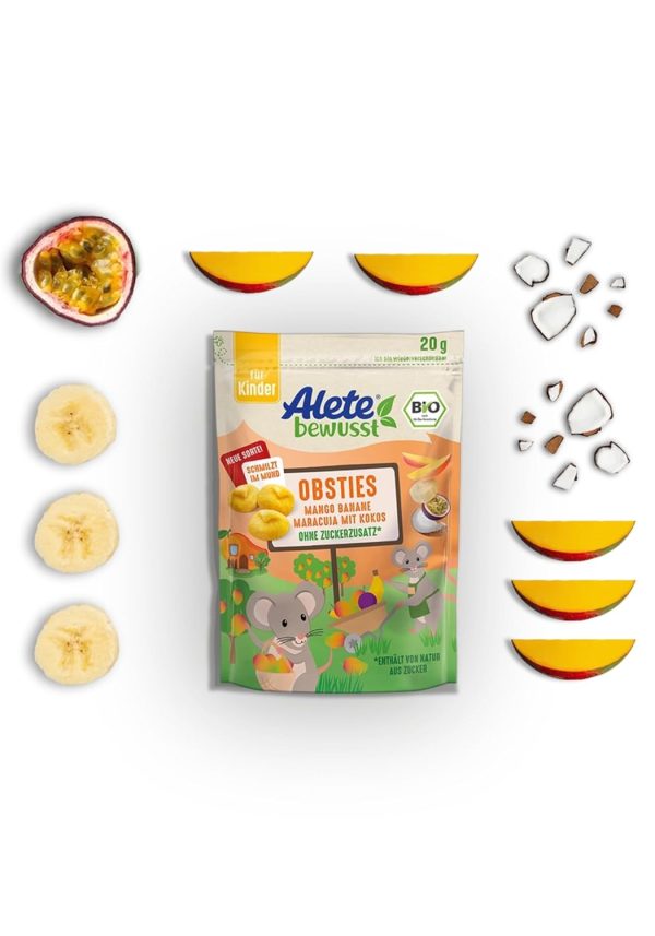Alete bewusst Obsties Mango Banane Maracuja mit Kokos, ab 3 Jahren, gefriergetrocknete Bio-Fruchtchips, Früchte-Snack für Kinder, verzehrfertig im verschließbaren Beutel, 1 x 20 g 4